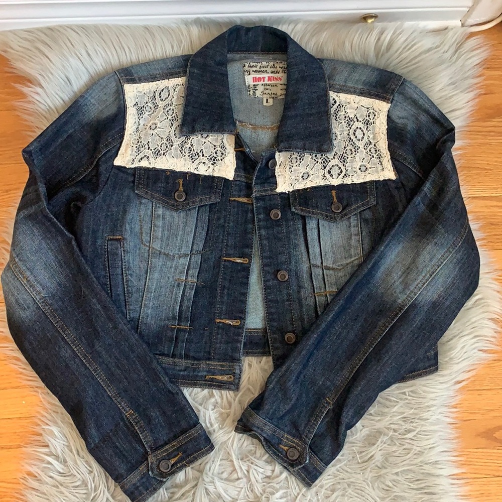 Dark Denim Cropped Jean Jacket with Lace Detail
